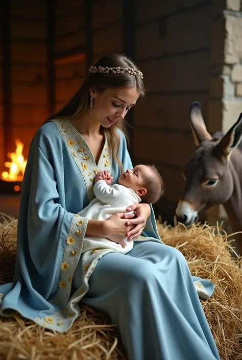 create a wide-angle image of a beautiful woman in a light blue cloak with gold-colored embroidery on flower borders,  sitting on a pile of straw , she is feeding her newborn baby,  dressed in a long white dress , she is the Virgin Mary ,  virgin Mary is in...