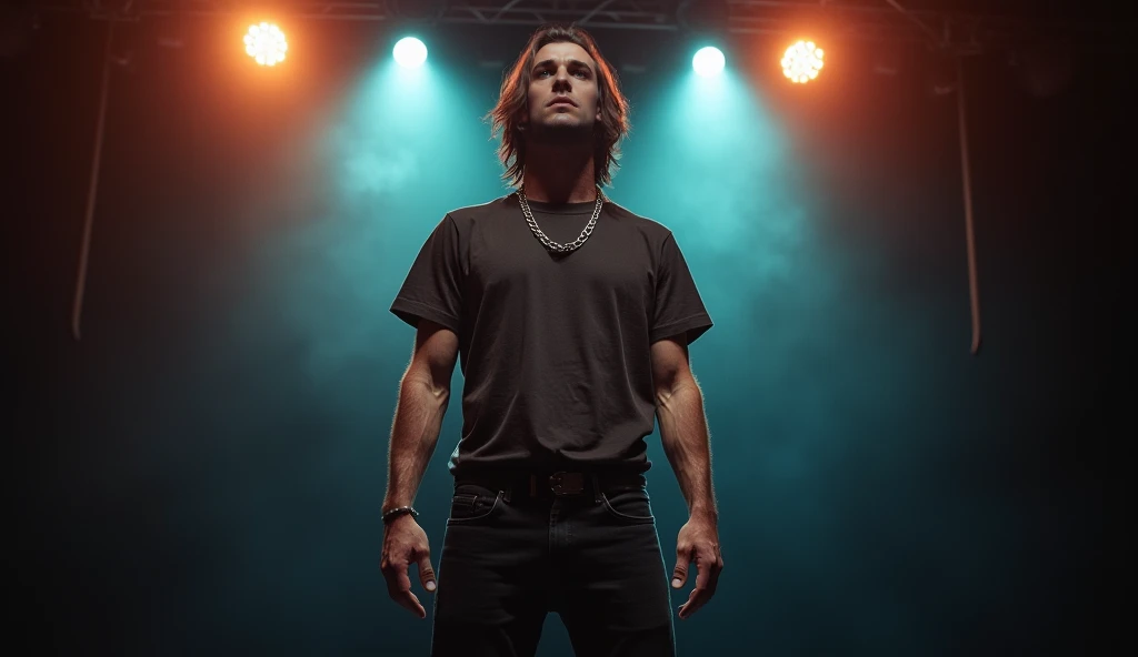 an american rocker stand up on stage with spot light , front shot , bust shot , bust shot, realistic photo . 35mm film. his mouth closed. he stand up straight with chests and faces straight ahead. front and looking straight ahead like portfolio shot. bust ...