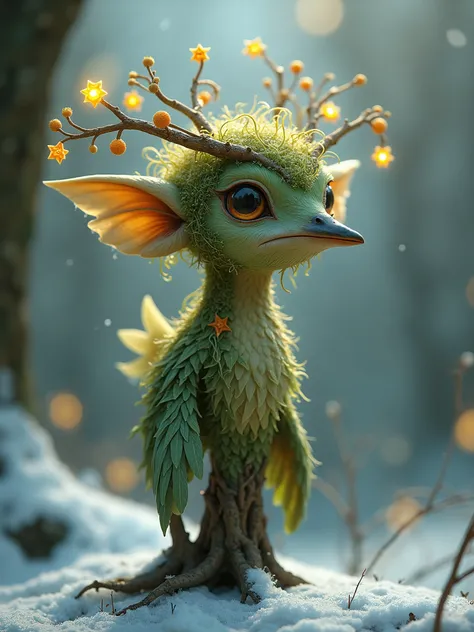 A small fairy-like bird with the body of a tree. Its hair is braided with glowing vines, and its branches bear twinkling, star-like fruit. In winter, the fruit absorbs peoples wishes and emits a warm light. Although it is a mobile tree-like entity, it has ...