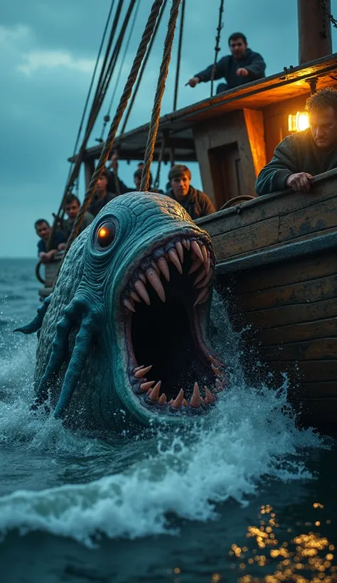 A group of fishermen on a large wooden fishing boat struggling to pull a massive net out of the water, revealing a strange and terrifying sea creature entangled within it. The creature has slimy, scaled skin, multiple eyes glowing faintly, and long, spindl...