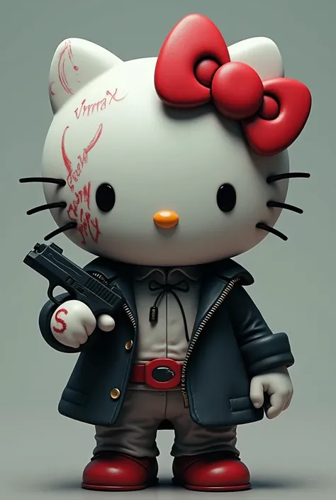 Hello Kitty with Lil Peep face Tattoo holding a gun on the screen