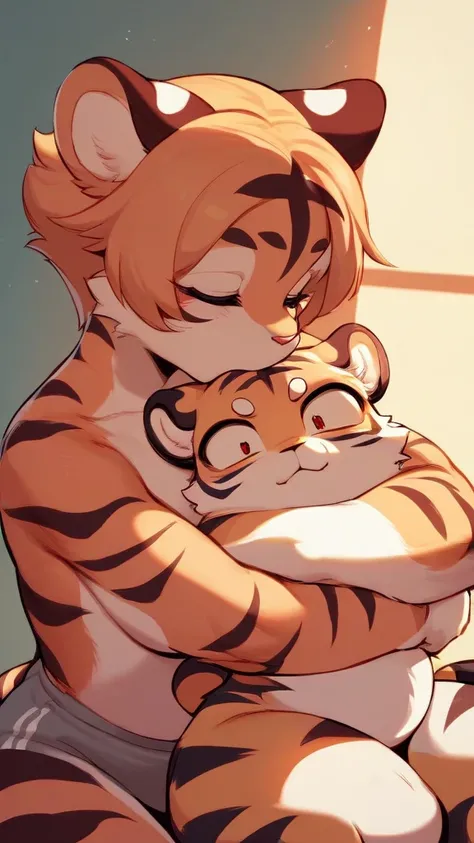 Shimajiro, the striped tiger, Shimajiro and his mother , artistic , (heart is beating fast:0.5), Twisted Maternal love , I want to hug you , erotica , Dimly lit room , euphoria , ooze , bold action , Thumb sucking