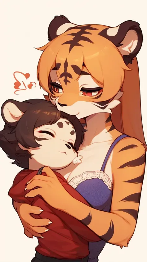 Shimajiro, the striped tiger, Shimajiro and his mother , artistic , (heart is beating fast:0.5), Twisted Maternal love , I want to hug you , erotica , Dimly lit room , euphoria , ooze , bold action , Thumb sucking