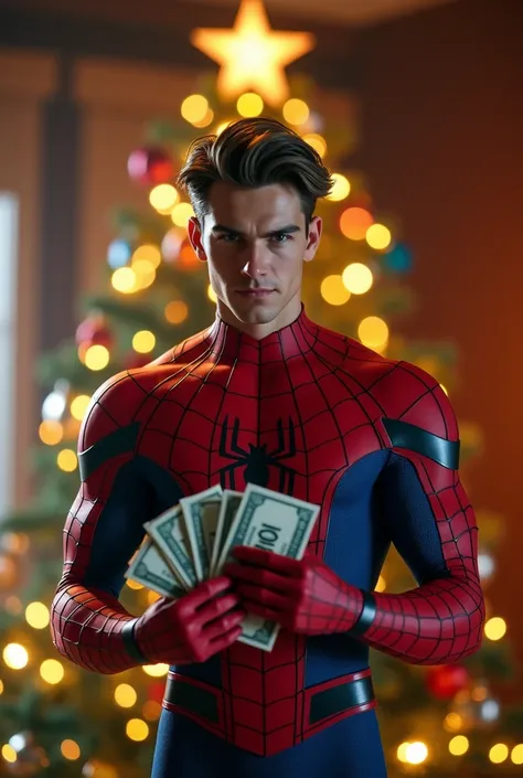  Make me a picture , where a spiderman in human form will be drawn,  in the background he will have a Christmas tree, and you have money in your hands  