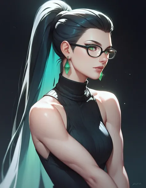 female black sleeveless turtleneck, bare shoulders, racerback, bare toned arms, beautiful faces, black ponytail with showing forehead, long ponytail, black colored earrings, soft smooth skin, pale skin, black background, green eyes, sci-fi, wearing glasses