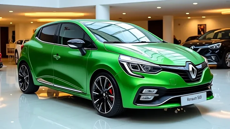 Side view of painted green with shiny clour 2025 (Renault Clio)  sleek in large shape sedan in large size with (Renault Clio) logo on its large detailed grille in shiny green clour with angular sporty design captured from close side view with modified slee...