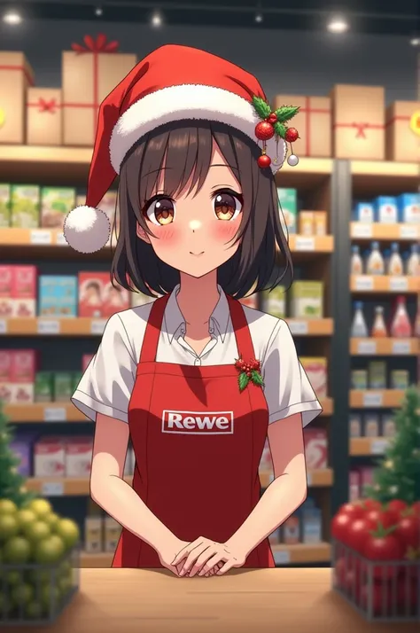 Anime Girl withe an Christmas hat Work on a Checkout in a Supermarket IT calles REWE in Germany 