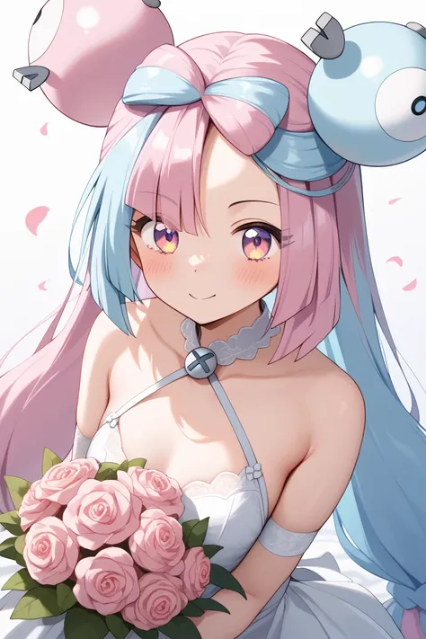 NSFW,masterpiece, top quality , high res, very detailed,Pokemon Iono、 blue hair、Bow-shaped hair、キャラクターの hair ornament、 hair ornament、 long hair、低く結んだ long hair、Multicolored Hair、 pink hair、 split color hair、 twin tails、 two-tone hair 、 pink eyes, wedding d...