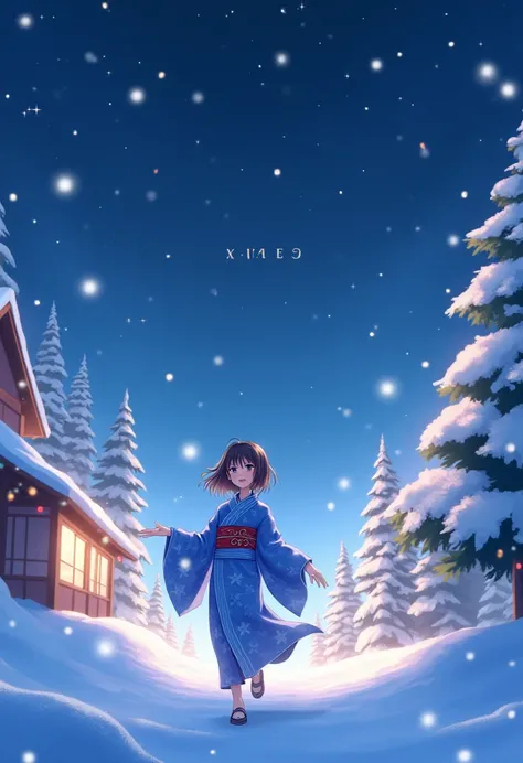 on a Christmas night. full of stars. with Christmas light a young girl on Blue and White kimono walks in the snow. She Is Happy. there Is the Mark" merry xmas"