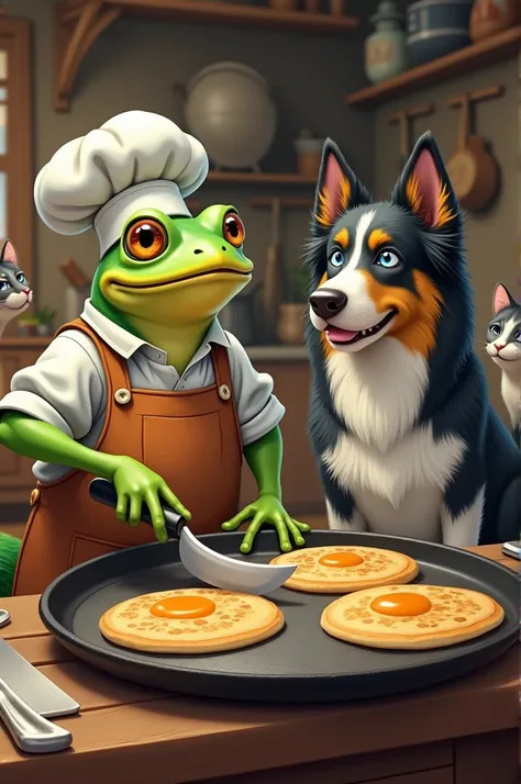 A Breton frog that cooks pancakes with two dogs: one Australian shepherd gray and white with light blue eyes and the other a big black and white dog and cats.