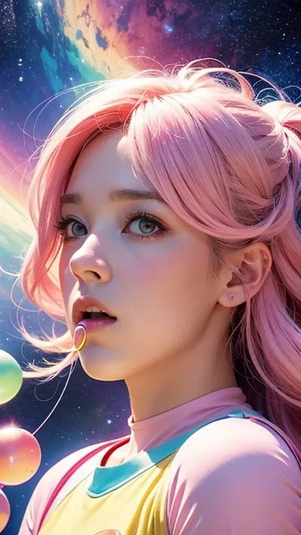 in the style of colorful Moebius, detailed comic book art, light pink and dark yellow, 2d game art, fairycore , close up portrait of girl blowing bubbles with bubblegum, pastel hair color, space background