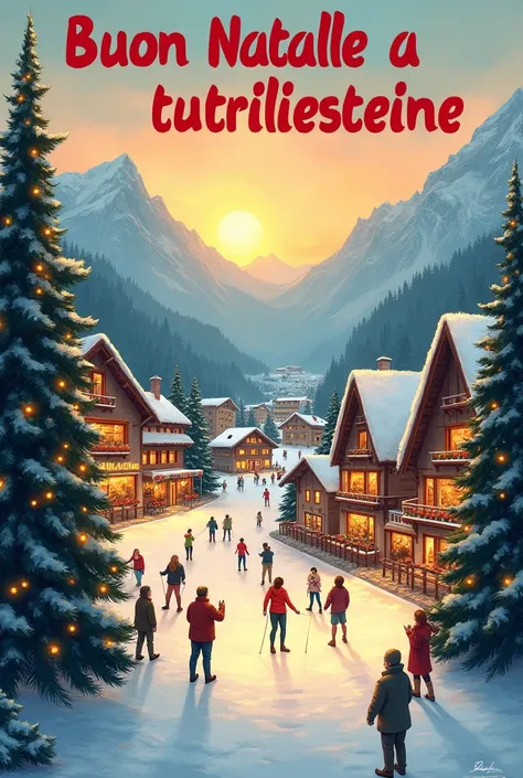  Christmas card with a snowy Alpine village,  full of happy people dedicated to their activities , Christmas trees ,  Christmas lights ,  warm sunset lights ,  serene warm and joyful atmosphere ,  big red writing "Merry Christmas to everyone " in Italian