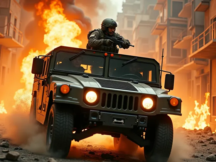 a Soldier driving a humvee in fast speed in a city in flames