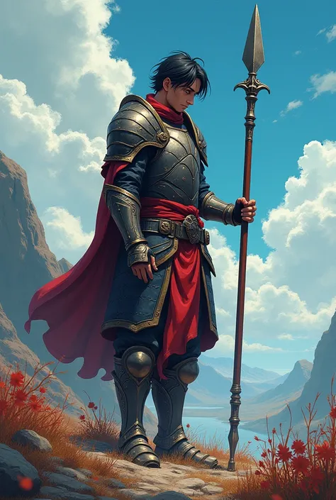 Male, has a spear, lifeless look, tired look, dark hair, dark eyes, armor, looks down at his spear, in a battlefield, mythical scenery, beautiful, anime like scenery, anime, novel, webnovel, details, colourful, intricate detailed infused style, 