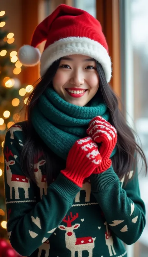 A Asian woman in her teens to early twenties, wearing a festive Christmas outfit. She is wearing a bright red Santa hat, a teal scarf wrapped warmly around her neck, and matching red and white knitted gloves. The sweater is a dark green color with a patter...