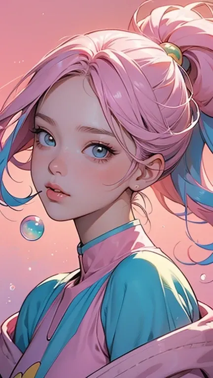 in the style of colorful Moebius, detailed comic book art, light pink and dark yellow, 2d game art, fairycore , close up portrait of girl blowing bubbles with bubblegum, pastel hair color, space background