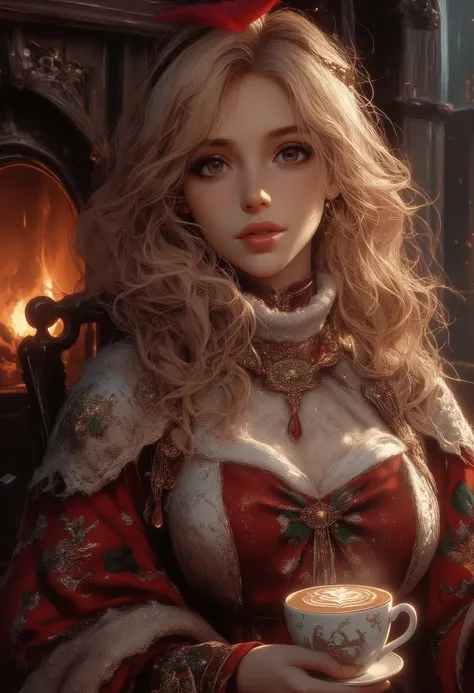 A beautiful woman with beautiful eyes:1.2, detailed eyes, beautiful full lips, highly detailed eyes and faces, long eyelashes, cute expression, smile, sitting:1.4, holding a cup of hot latte, homely background, Christmas sweater, fireplace, warm light, det...