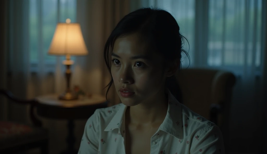 The image shows a young woman sitting in a dimly lit room, with a serious and reflective expression on her face. She is wearing a white blouse with small floral patterns. In the background, theres a table with a lamp that casts a warm glow, and sheer curta...