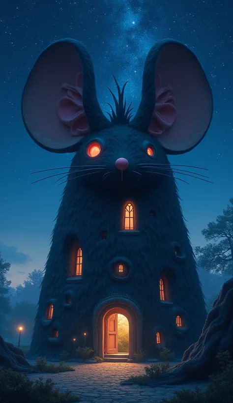  Fantastic　night　 starry sky 　 like Howls Moving Castle　A building in the shape of a mouse 　Red Eye