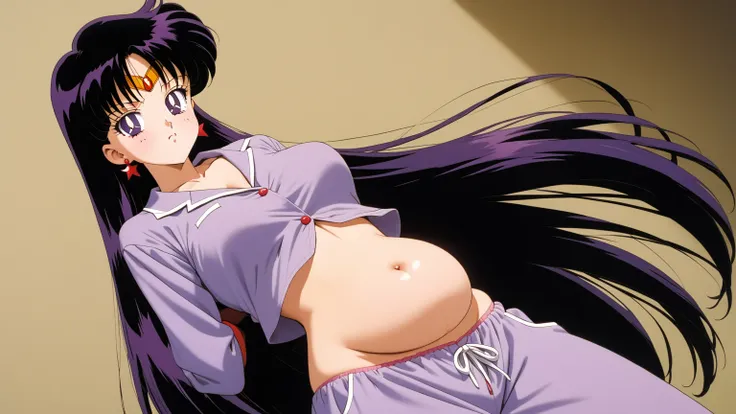 aamars, very long hair, black hair, parted bangs, purple eyes, 1990s (style), 1 girl, solo, Best quality, masterpiece, High Definition, Bright Purple Pajamas, Midriff, Belly Button, Pink Underwear, Muffin Top, Bloated