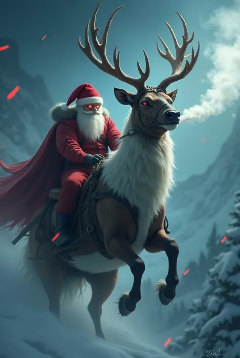  ride on a sleigh drawn by a reindeer and suck a large amount of human souls from above、The Wild Hunt Corps, whose eyes glow suspiciously with a red Santa hat, is exhaling smoke emitting light from their mouths