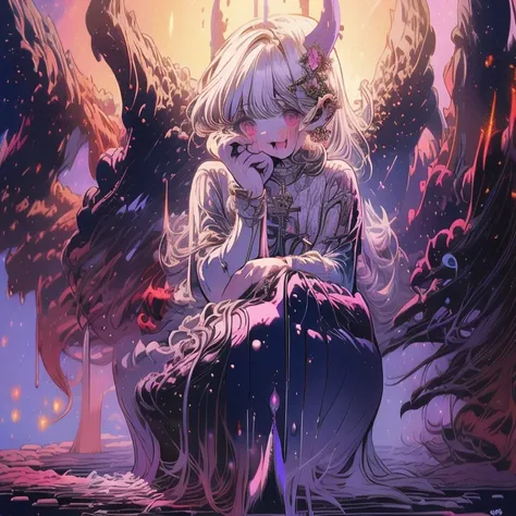 Estilo final fantasy tactics, Watercolor shading, hand-painted texture,  Dynamic Pose Style ,  a dark garden and a Nordic FAIRY , beautiful, white-skinned ,  in a white lace and embroidered dress ,  purple hair and wine red lips .  Sitting on a throne made...