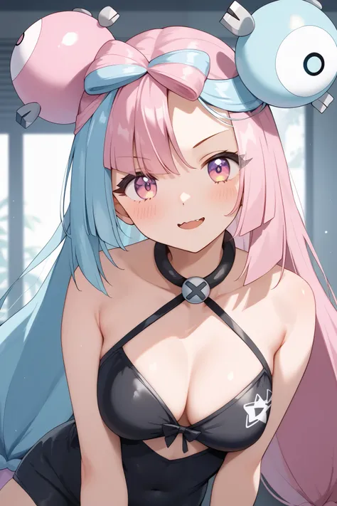 NSFW,masterpiece, top quality , high res, very detailed,Pokemon Iono、 blue hair、Bow-shaped hair、キャラクターの hair ornament、 hair ornament、 long hair、低く結んだ long hair、Multicolored Hair、 pink hair、 split color hair、 twin tails、 two-tone hair 、 pink eyes, Sexy Outf...