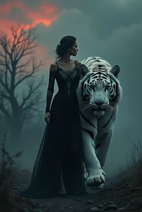 A woman dressed in black walks with a large white tiger