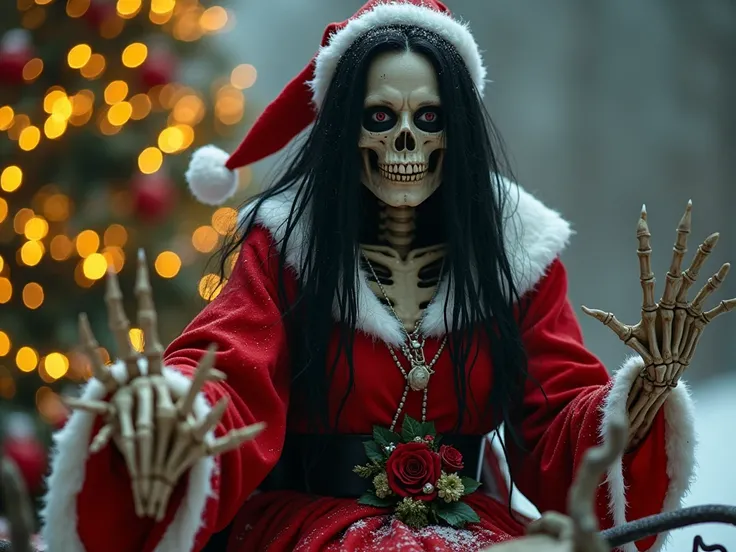 The highly detailed image shows a female skeleton with long black hair and a ragged Santa Claus dress held together by a rose belt, decorated with roses. Her skin is pale grey and decayed. She is riding in Santas sleigh, accompanied by six skeletal Landia ...