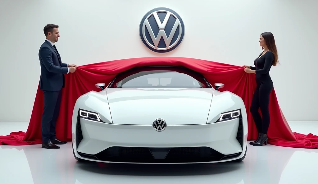 A captivating image of a (auto and Moto guide)center stage in a luxurious white showroom. The futuristic, vibrant (white )exterior gleams, showcasing its sleek, aerodynamic design and bold accents. The large (2025 Volkswagen beetle) logo is background behi...