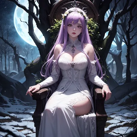  a dark garden and a Nordic FAIRY , beautiful, white-skinned ,  in a white lace and embroidered dress ,  purple hair and wine red lips .  Sitting on a throne made of tree roots ,  with a thunderous tree in the background ,  with starry sky with a Super Ful...