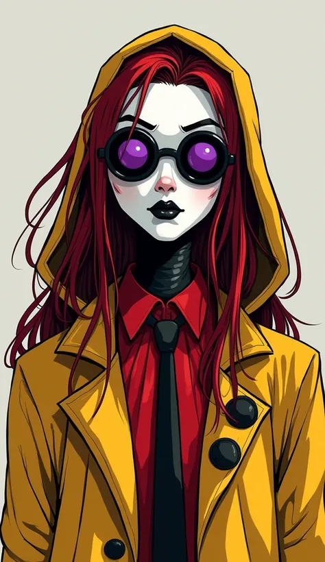  a black Transgender Widow Spider Male Humanoid, Eight Big Purple Eyes , long dark red hair , Body(slender,high,androgynous,delgado,pretty, white face like a mask ,red skin, black lips), Wear a yellow raincoat with black details ,wearing a red shirt with a...