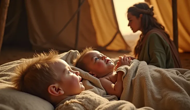 image showing two babies lying in a biblical-time coma, covered in biblical clothing, one furry baby, the other normal; a young lady in biblical clothing watching them; inside of a biblical tent in the background, hyper realistic;