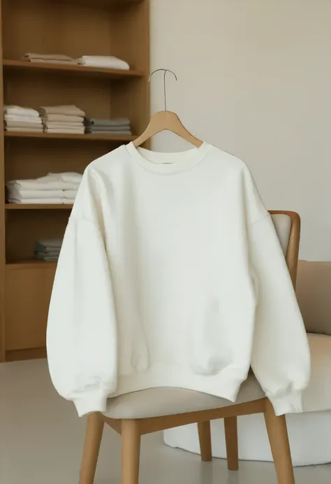 An oversized, pure white sweatshirt with a smooth and velvety finish, carefully draped over a chair. Background includes a stylish boutique setting with wooden shelves, neatly stacked colorful clothing, and soft, warm lighting casting a glowing ambience. F...