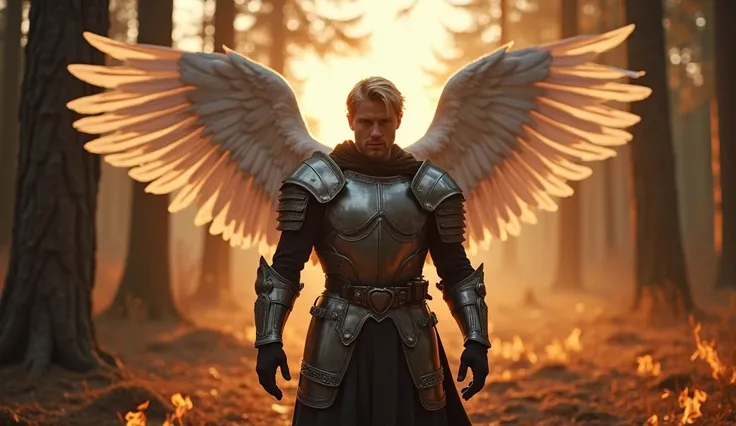 a view of a male figure, European-faced, blond-haired, handsome, muscular, wearing armor, with white bird-like wings standing among burning woods and forests