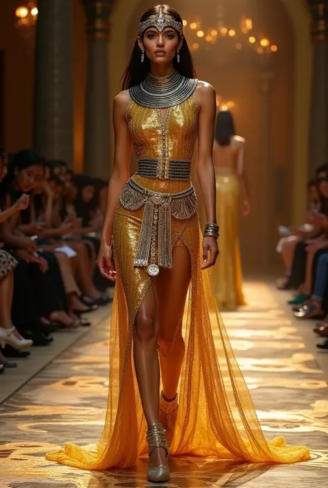  A current haute couture fashion design worthy of a major international runway inspired by Cleopatra . Let it be a current design but with this inspiration  ,  that is elegant and visually striking , that has a lot of shine  , rhinestones, different colors...