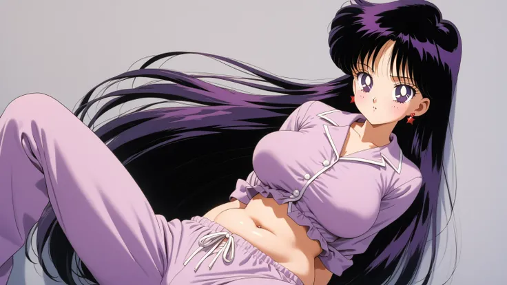 aamars, very long hair, black hair, parted bangs, purple eyes, 1990s (style), 1 girl, solo, Best quality, masterpiece, High Definition, Bright Purple Pajamas, Midriff, Belly Button, Pink Underwear, Muffin Top, Bloated