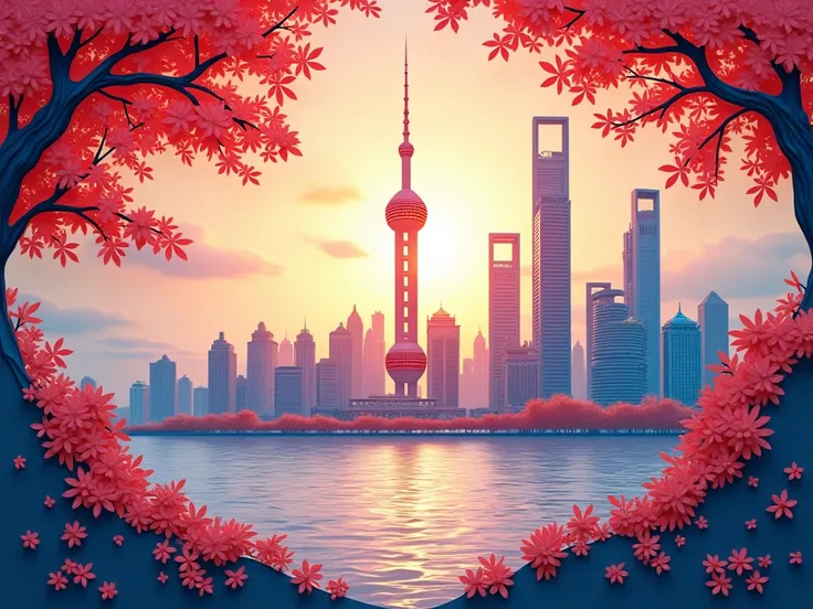    Paper-cut hollow art effect 
 (Shanghai, China， Oriental Pearl Radio and Television Tower:1.4)，City skyscrapers，Scenery of the Bund ，Sun rays， Using Psychedelic Color Schemes ，Ultra-detailed illustrations， Light Red and Sky Blue ， Imagined Scenery ，Psyc...