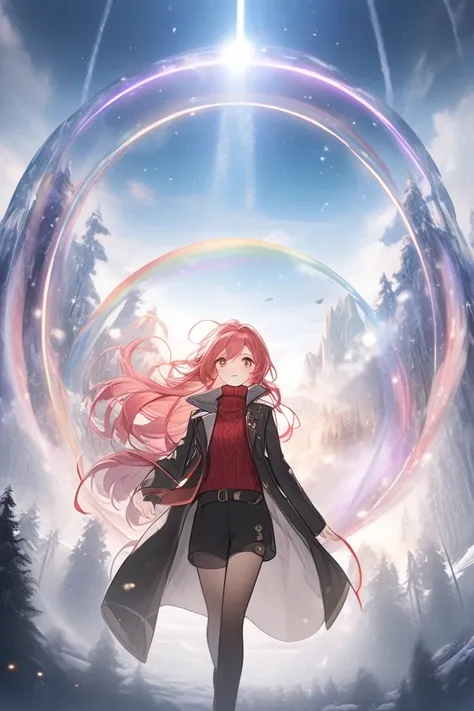  top quality , Super fine, 16k, 2.5D,  Delicate and Dynamic Depiction ,winter,walk, red knit inner ,Black long coat , black shorts , long boots、 flying in the sky,pink long hair, makes a sacred sound with the singing voices of beautiful game characters,  t...