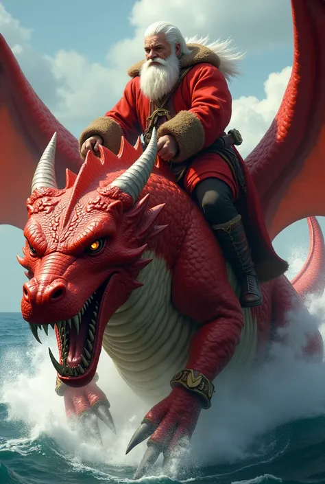  An old sailor with a beard and white hair . dressed in red .  very fat and muscular riding a red dragon