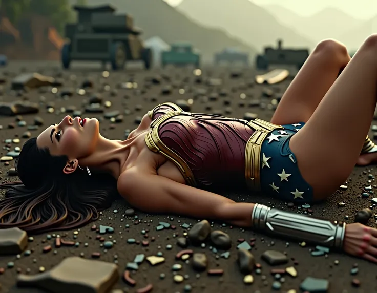 sexy wonder woman in war and use gal gadot face cinematik but no portraite use full lengtho body but failed and lying on the ground and weared bikini