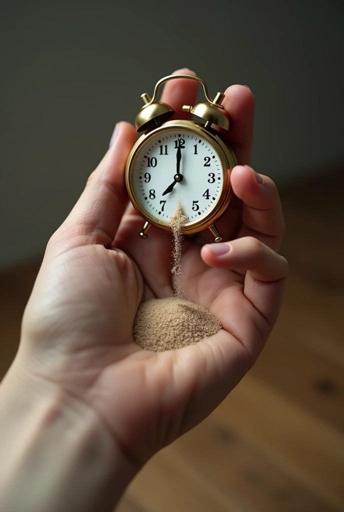 A HYPER-REALISTIC CLOSE-UP OF A HAND HOLDING A CLOCK, WITH SAND SLIPPING THROUGH THE FINGERS, SYMBOLIZING TIME LOST TO PROCRASTINATION. THE HAND IS TILTING SLIGHTLY, LETTING MORE SAND FALL QUICKLY. --v 6.1
