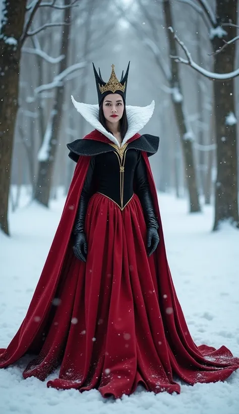 (photorealism:1.2), beautiful woman, A hyper-realistic depiction of the Evil Queen from Disneys "Snow White" standing in a close-up shot, beautifully dressed in a red gown with white details and a black belt, facing the camera on a sunny day in a cinematic...