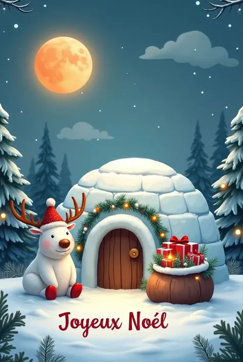 Creer une image dun igloo glacé blanc sur la banquise entouré dun ours blanc portant un bonnet de noel et dun renne avec une guirlande lumineuse autour des bois. A cote de ligloo il y a un pére noël avec un gros ventre portant une hotte pleine de cadeaux. ...