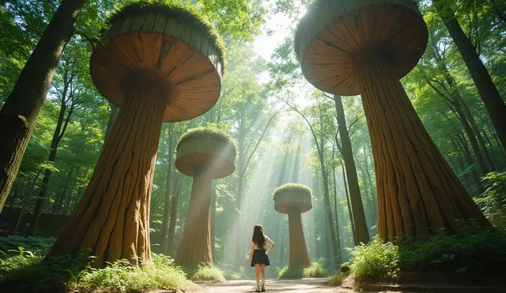 A surreal scene featuring a young girl standing in a magical forest surrounded by large, elevated wooden structures resembling trees extending upwards into the sky. The forest is lush with vibrant greenery, sunlight streaming through the canopy, and dapple...