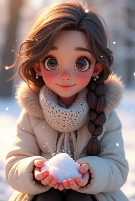 A beautiful woman with beautiful eyes:1.2, detailed eyes, beautiful full lips, highly detailed eyes and faces, long eyelashes, cute expression, smile, sitting:1.4, holding a handful of snow in her hand, park background, warm winter coat white, warm givoles...