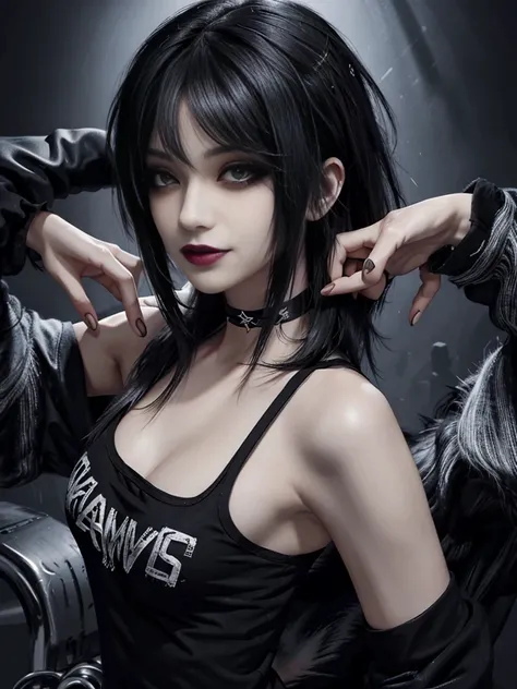 1girl, woman, emo_hairstyle, black lipstick, smug, grin, choker, cuffs, eyeliner, eye shadow, mascara, smoky eyes, realistic lighting, tank top, flat chest, .