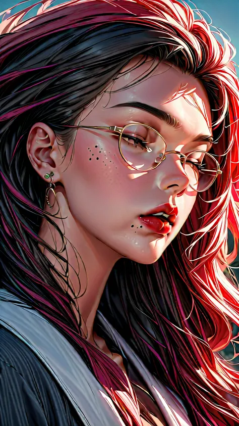 slightly curled hair, Rimless Glasses, Small spots under the corners of the mouth, / Note Lilac Earrings, Mouth slightly closed, Red lips, Surrealism, Attention to detail, Strong chiaroscuro, Film Grain, Panorama, Ultra-high resolution, Accurate, Textured ...