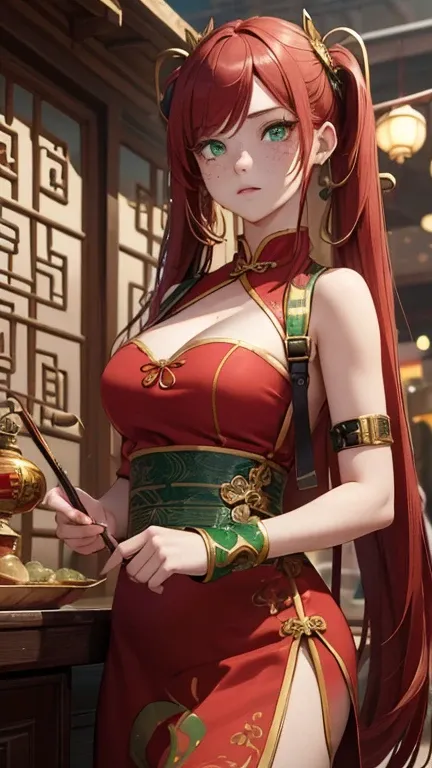 ( masterpiece : 1.3), (8k, realistic, foto RAW,  best quality: 1.4, close up)  a woman( long red hair ,  long twin tails ,  green eyes, freckles on the face,  correct anatomy)  red collared Chinese dress with gold details,  black gladiator sandal ,  wrist ...