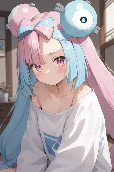 NSFW,masterpiece, top quality , high res, very detailed,Pokemon Iono、 blue hair、Bow-shaped hair、キャラクターの hair ornament、 hair ornament、 long hair、低く結んだ long hair、Multicolored Hair、 pink hair、 split color hair、 twin tails、 two-tone hair 、 pink eyes, oversized...